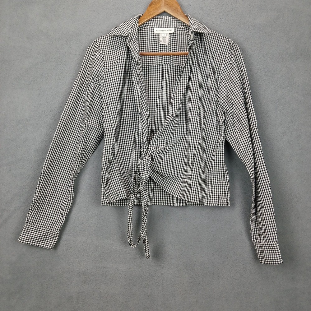 Evan-Picone Cropped Top Womens 6 Black White Gingham Cotton V Neck Tie Front